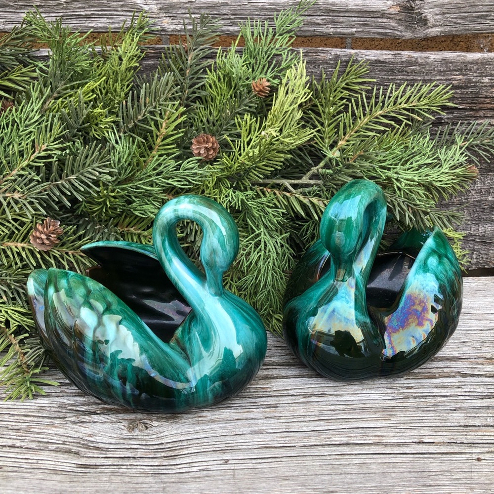 Blue Mountain pottery Swan set of 2 planters Retro blue green Vtg planter 70s 💙